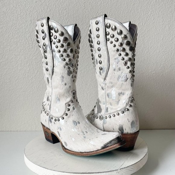 Lane Boots Shoes - Lane Ladies Wild Hair Boots Sz 7.5 Cowboy Western Silver White Studded Wedding